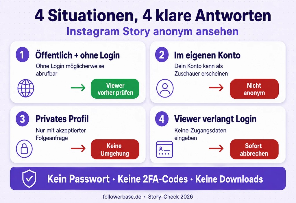 Vier Situationen beim anonymen Instagram Story Viewer mit Empfehlungen und Sicherheitswarnungen