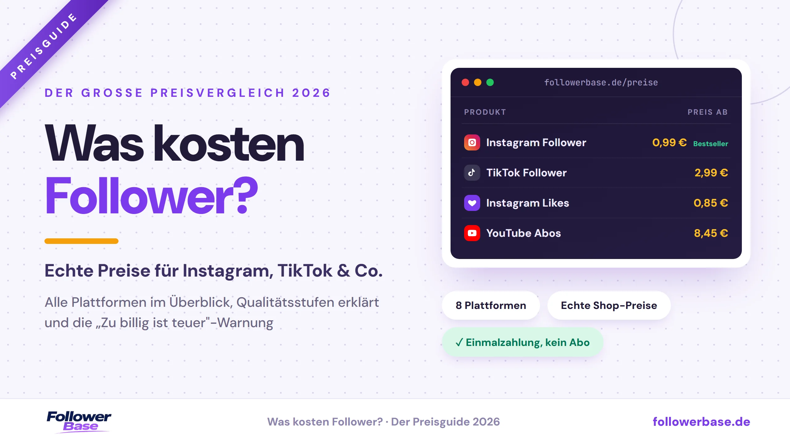 Preistabelle 2026: Instagram Follower ab 0,99 €, TikTok Follower ab 2,99 €, Instagram Likes ab 0,85 €, YouTube Abonnenten ab 8,45 €